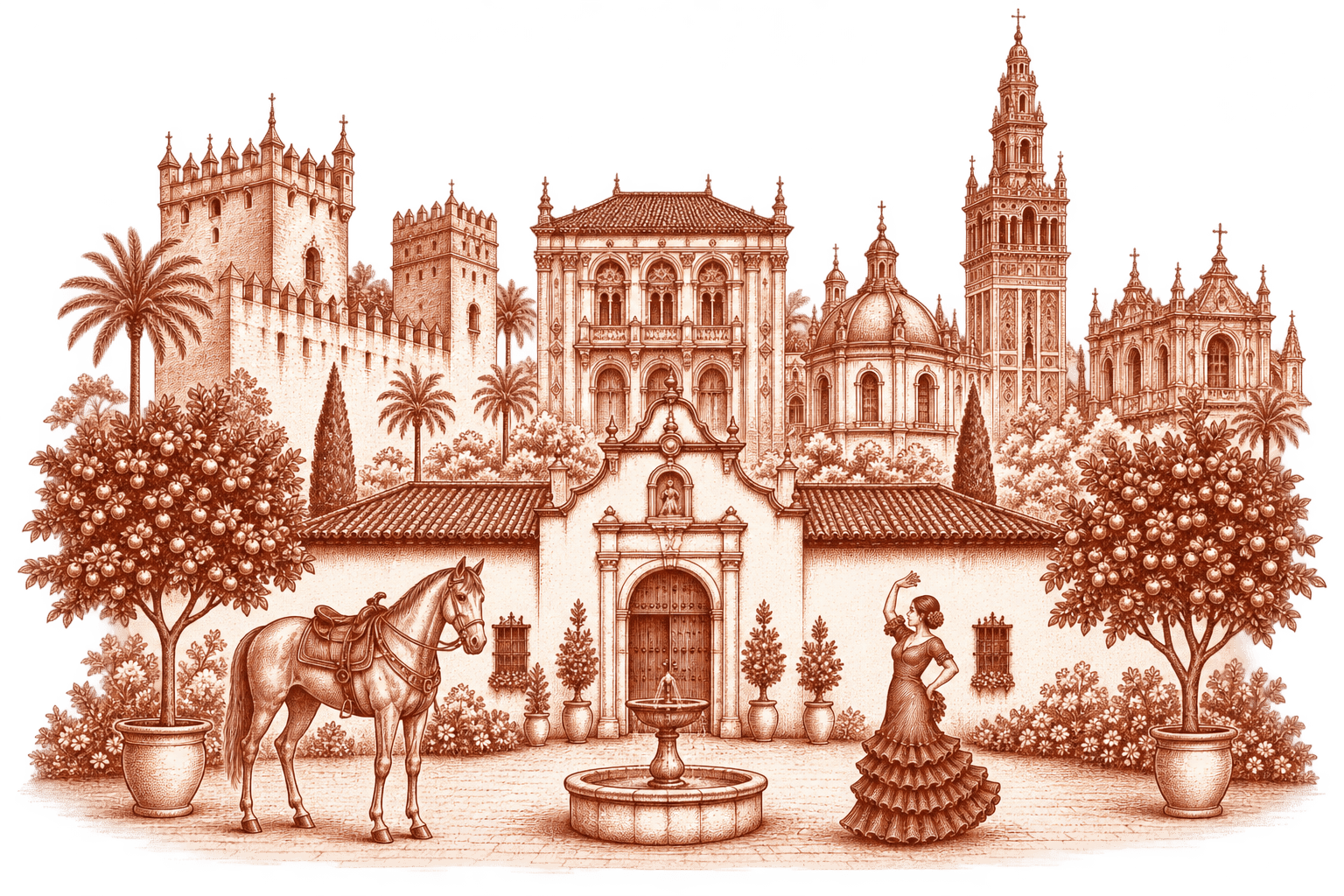 Illustration of a Spanish courtyard with a fountain, palms, and orange trees